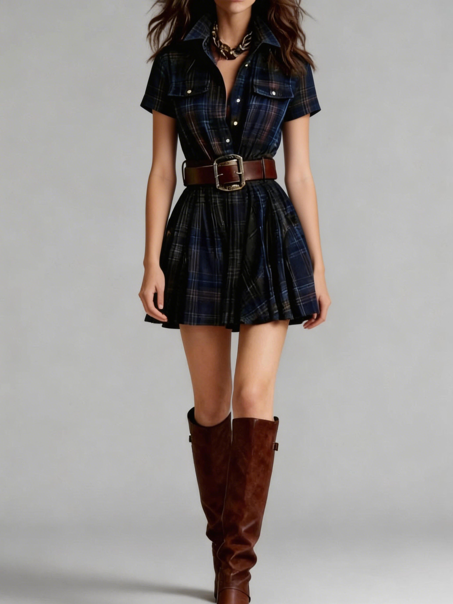 Women's Retro Plaid Short Sleeve Shirt Dress with Pockets