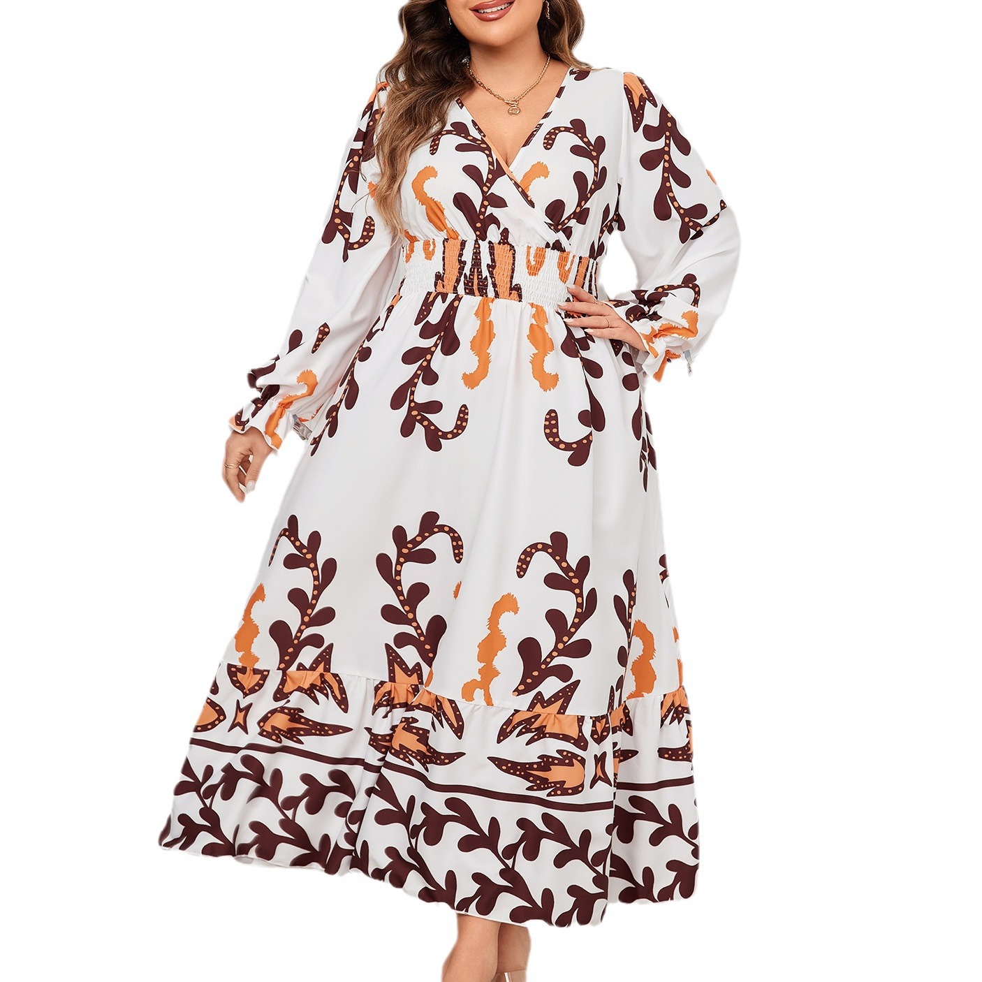 Floral Print Long Sleeve V-Neck Loose Midi Dress