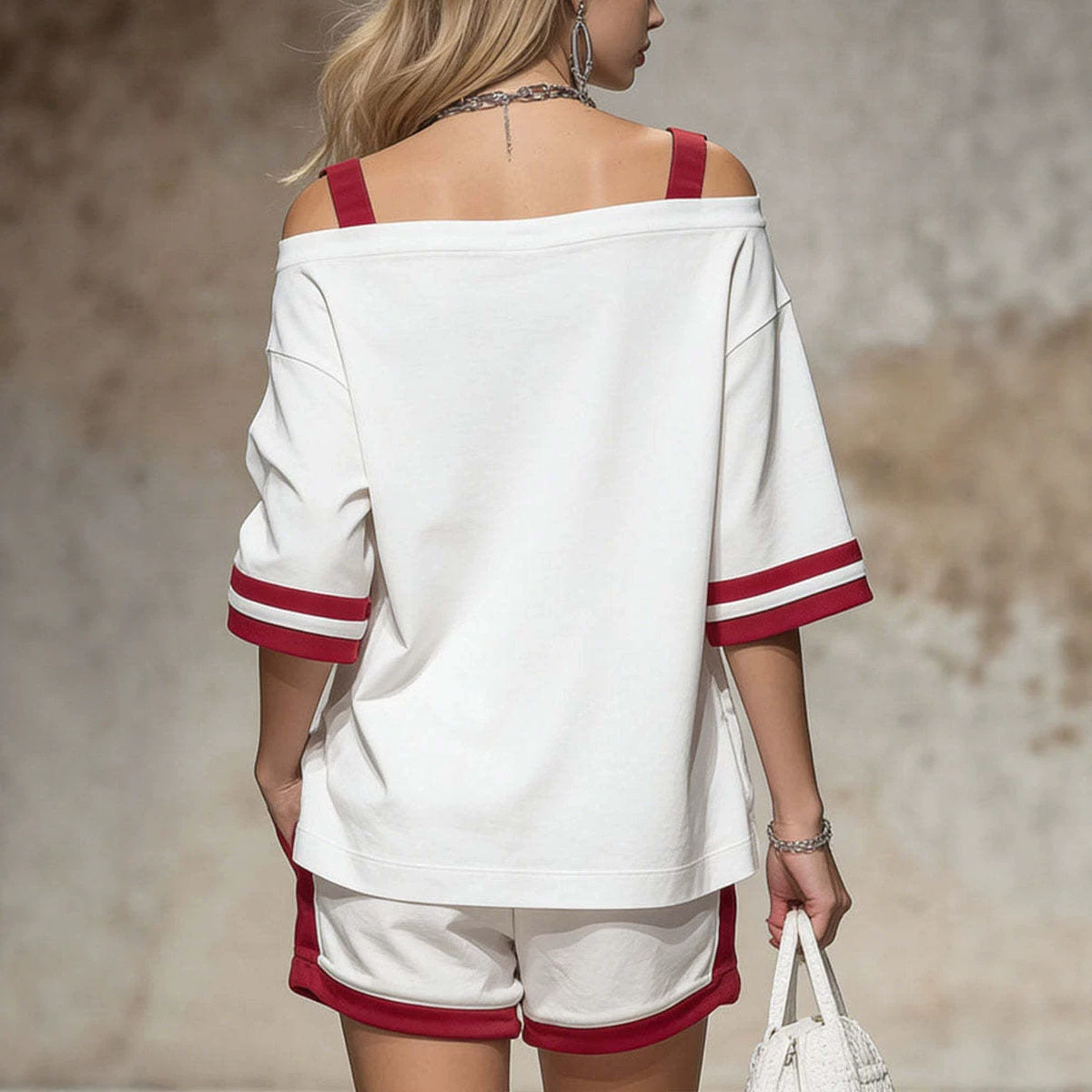 Women's Off-Shoulder Colorblock T-Shirt Set Casual Summer