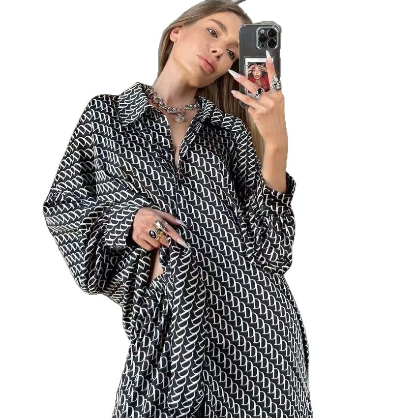 Women's Printed Long Sleeve Shirt and Pants Set Loose Fit