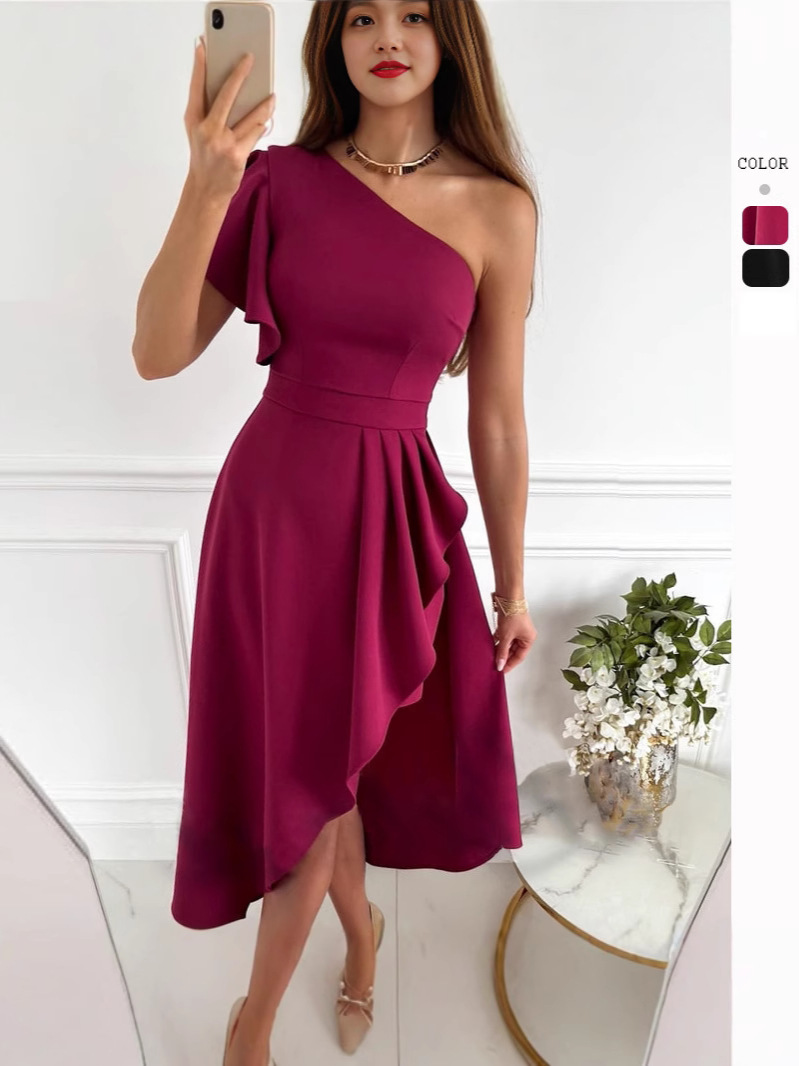 Solid One-Shoulder Bodycon Midi Dress with Asymmetrical Hem