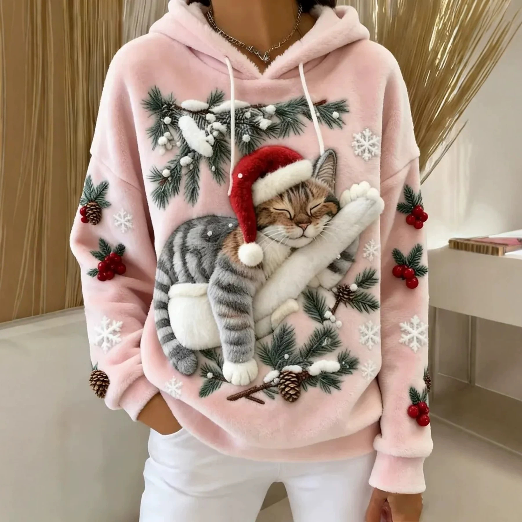 Christmas Cat Print Fleece Hoodie Women's Pullover