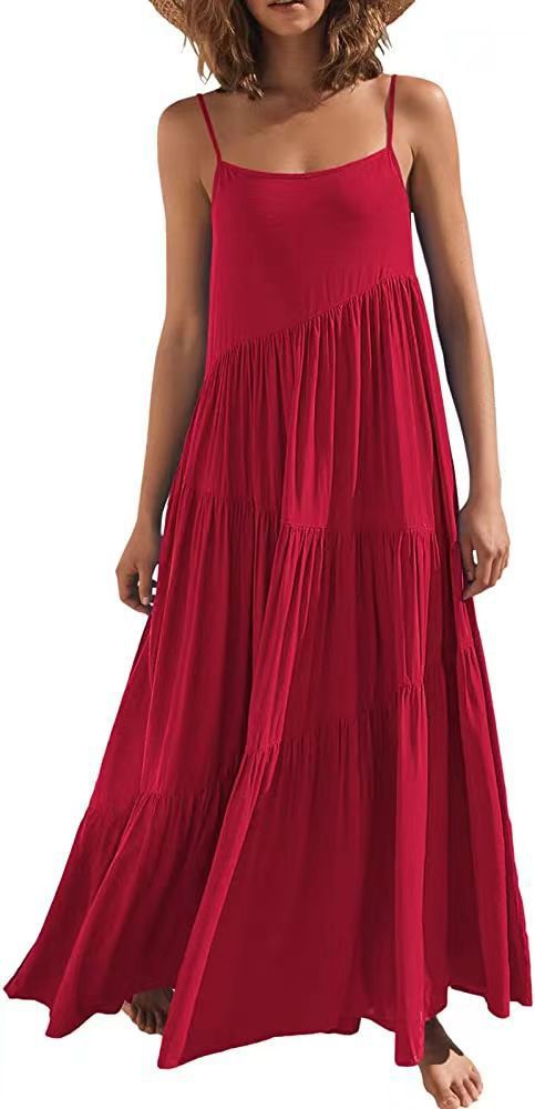 Women's Summer Loose Solid Pleated Sleeveless Halter Long Dress