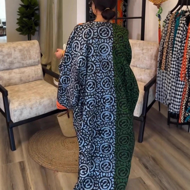 Long Sleeve V-Neck Digital Print Patchwork Maxi Dress