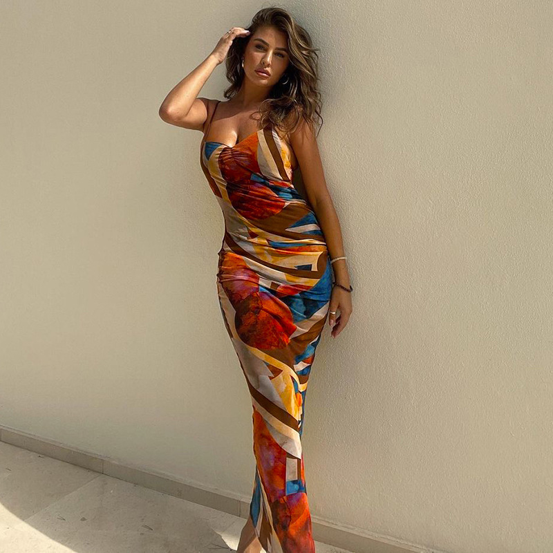 Women's Floral Print Split-Back Strapless Bodycon Cami Dress