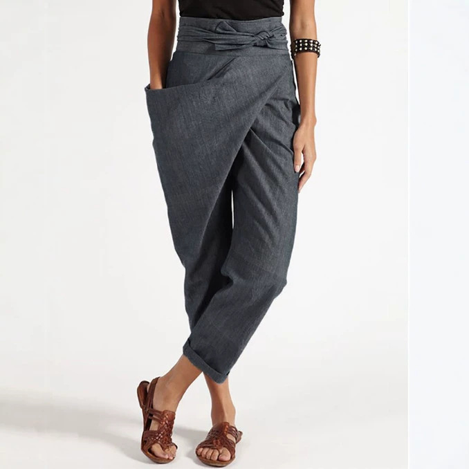 Women's Irregular Tie-Waist Cropped Pants Casual Straight-Leg High-Waist
