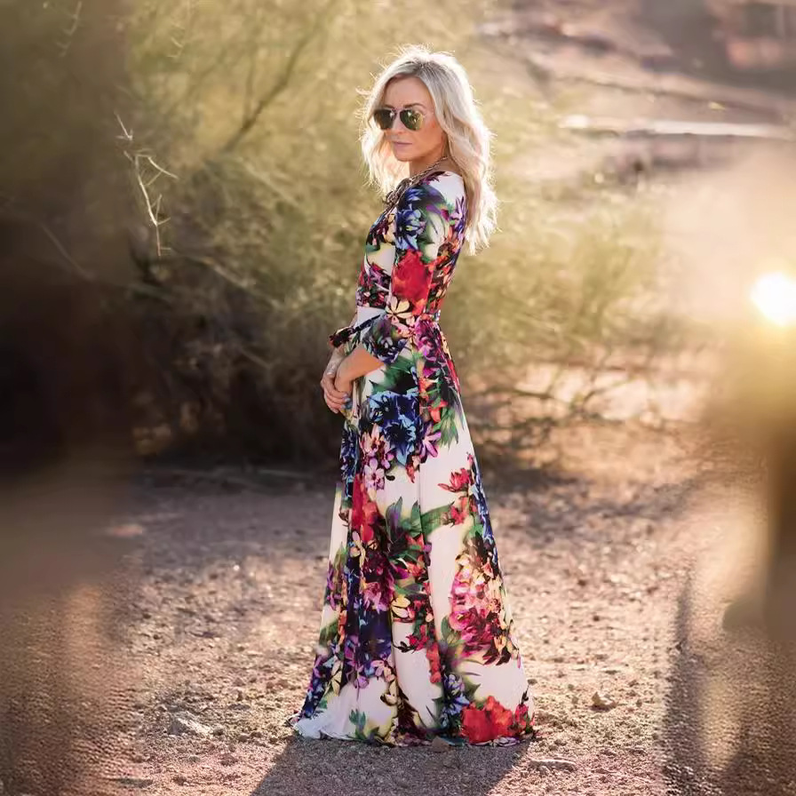 Women's Floral Digital Print V-Neck High Waist Midi Dress with Belt