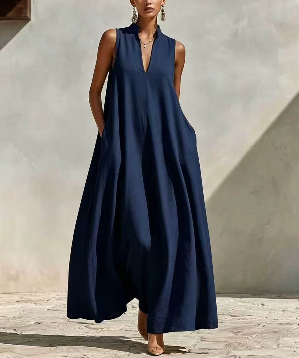 Women's Stand Collar Sleeveless A-Line Maxi Dress Loose Fit Vacation