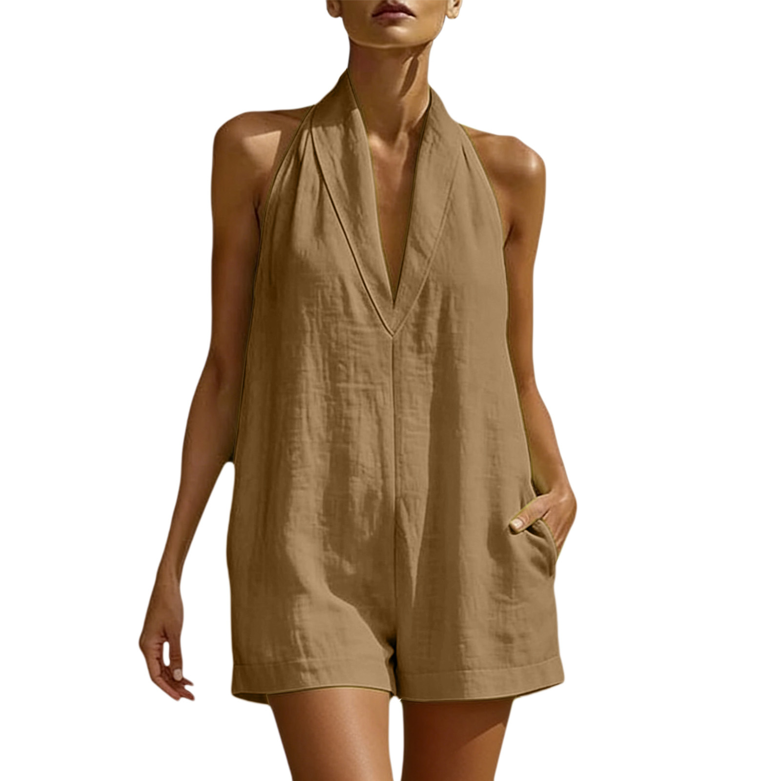 Women's Halter V-Neck Sleeveless Straight-Leg Romper
