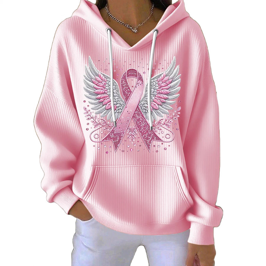 Women's Striped Hooded Long-Sleeve Sweatshirt with Cartoon Digital Print