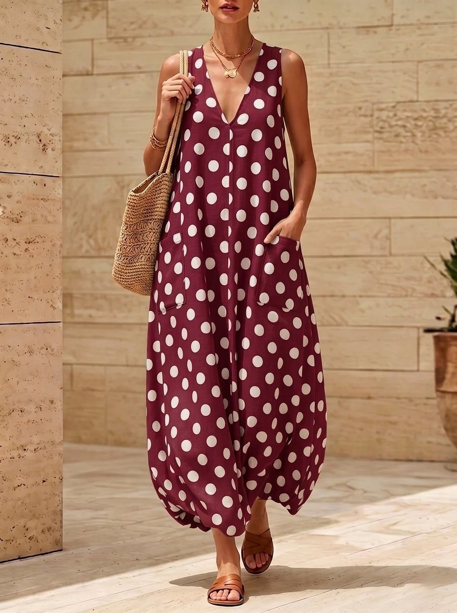 Retro Polka Dot V-Neck Loose Dress with Pockets Sleeveless Bubble Hem