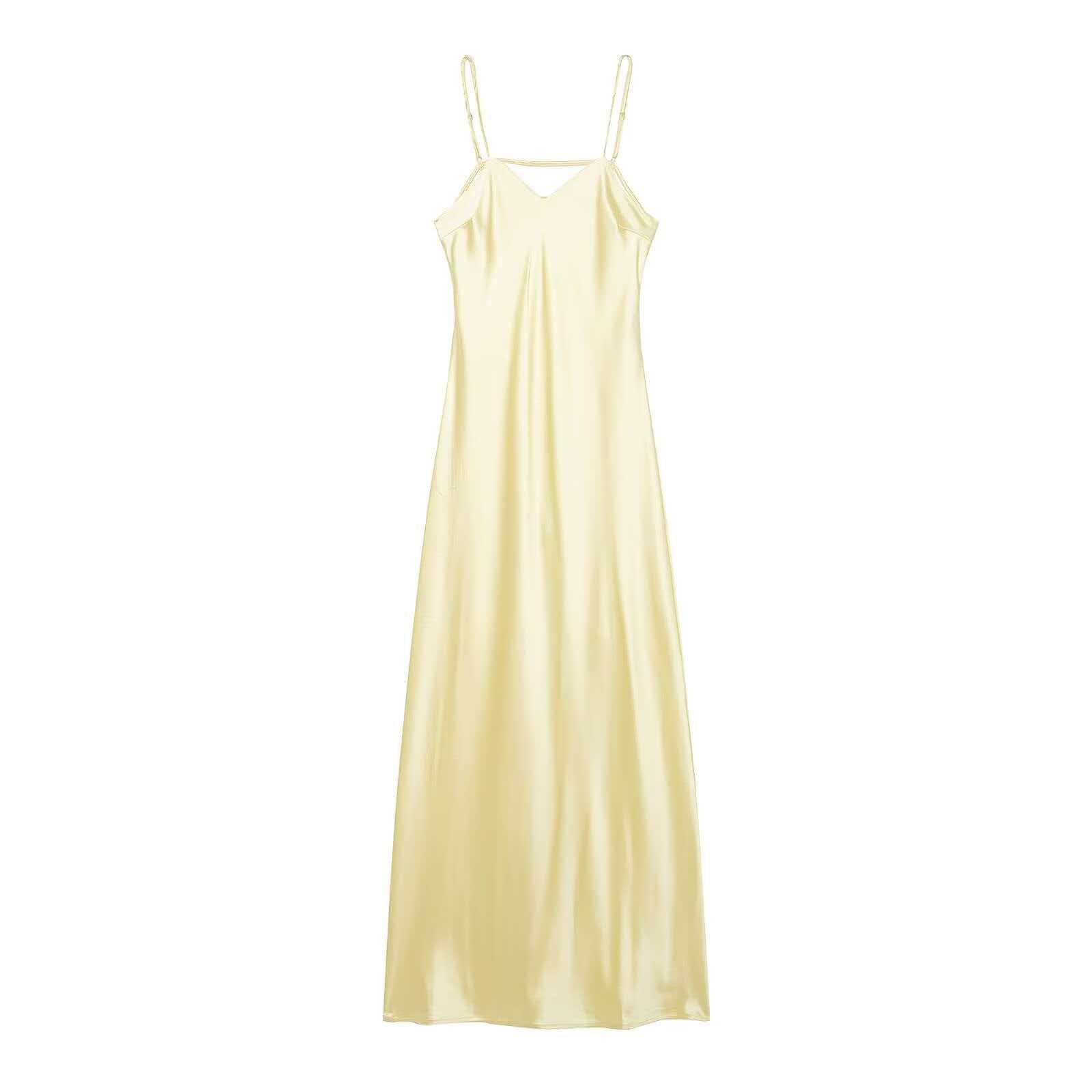 Satin-Feel Midi Cami Dress with V-Neck and Trim