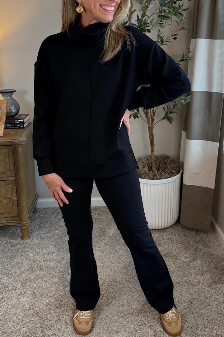 Women's Fall Winter High Neck Solid Color Sweatshirt & Wide Leg Pants 2-Piece Set
