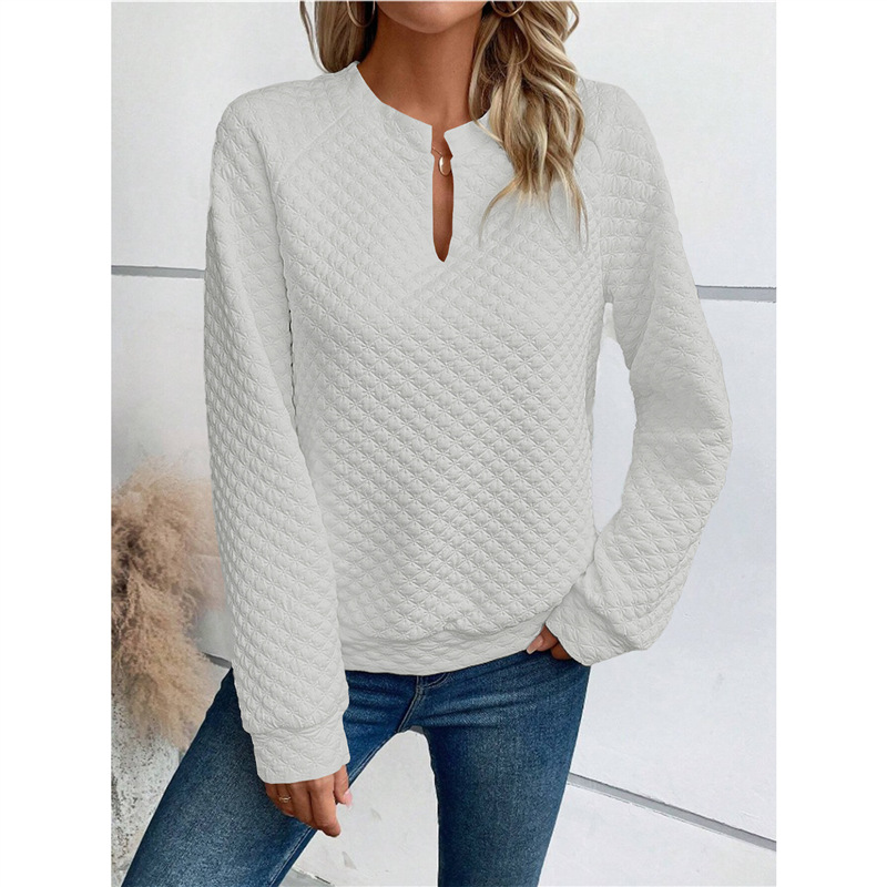 Women's Solid Deep V-Neck Long Sleeve Casual Sweatshirt