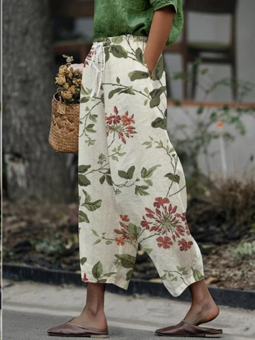 Women's Striped & Floral Print Straight-Leg Casual Pants