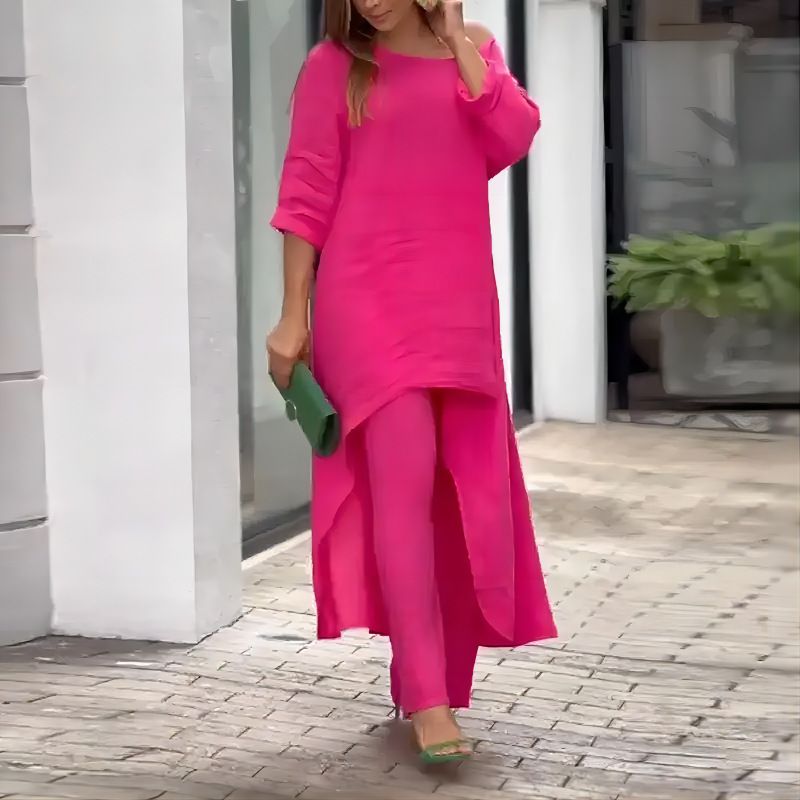 Women's Cotton-Linen Asymmetric Long-Sleeve Wide-Leg Two-Piece Set