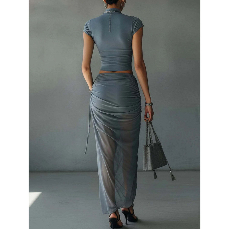 Slim-Fit Mock-Neck Top and Chiffon Skirt Two-Piece Set