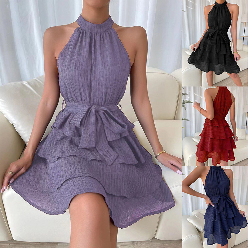 Women's Sleeveless Ruffle Dress with Spliced Design