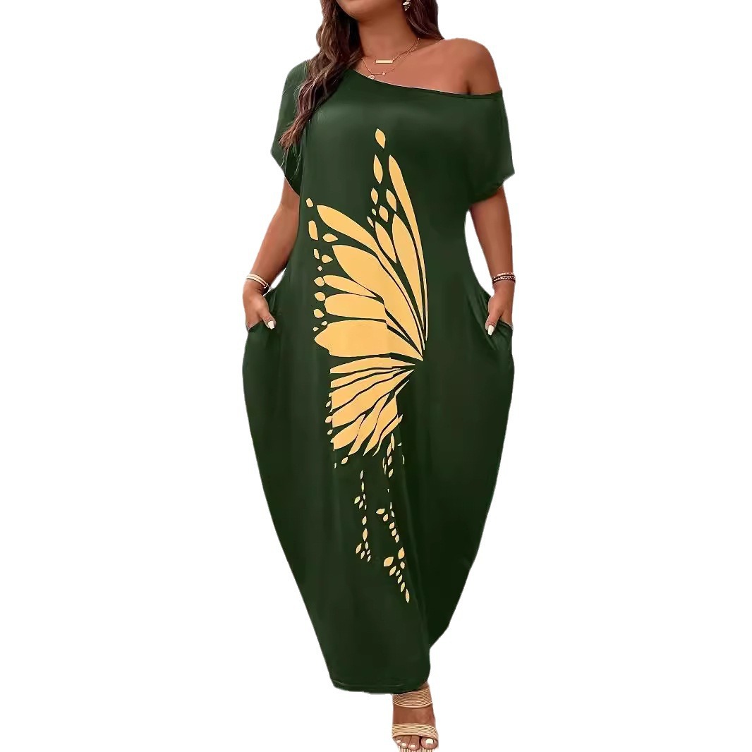 Women's Casual A-Line Butterfly Print Midi Dress U-Neck Short Sleeve