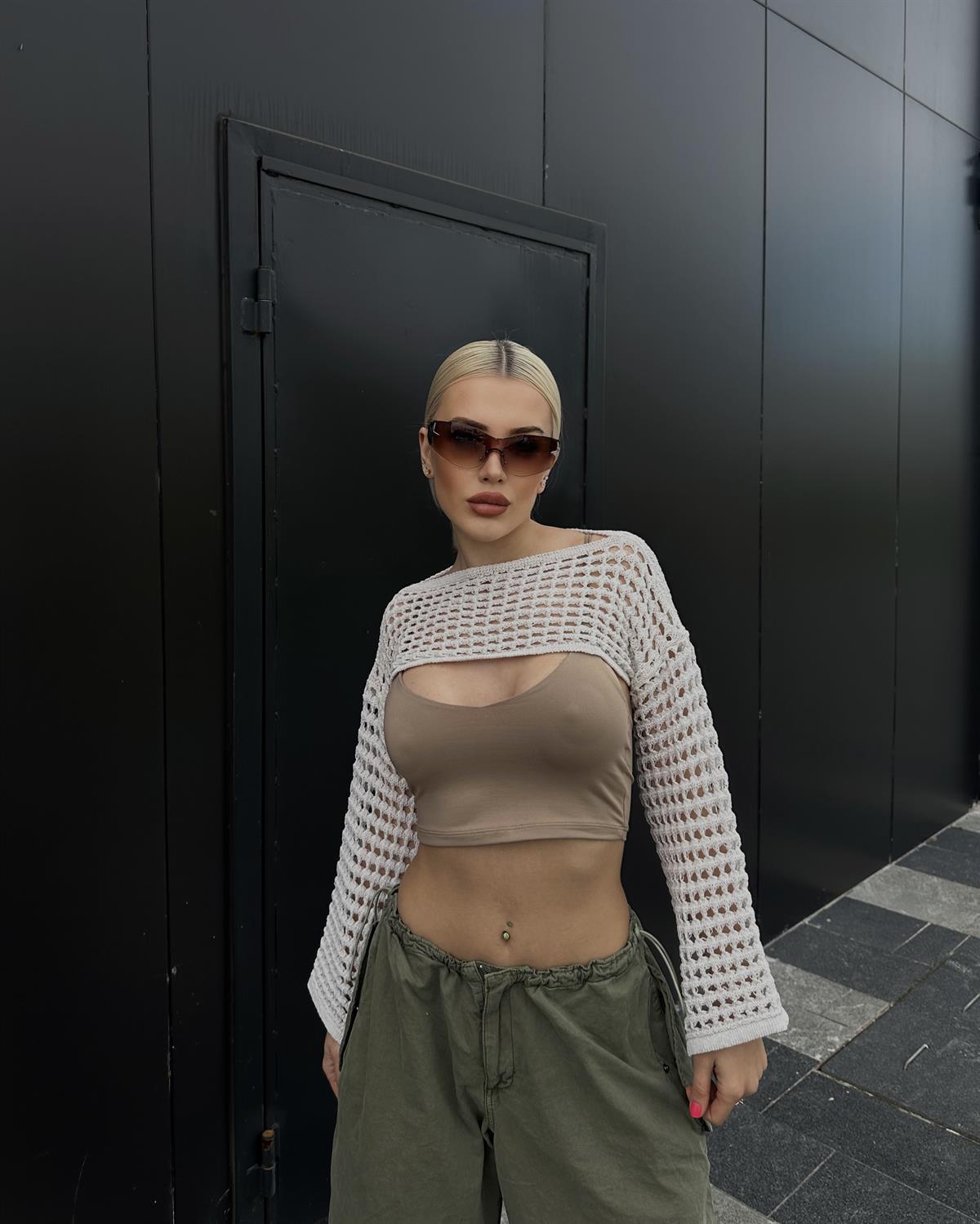 Women's Long Sleeve Open Knit Crop Top Crew Neck