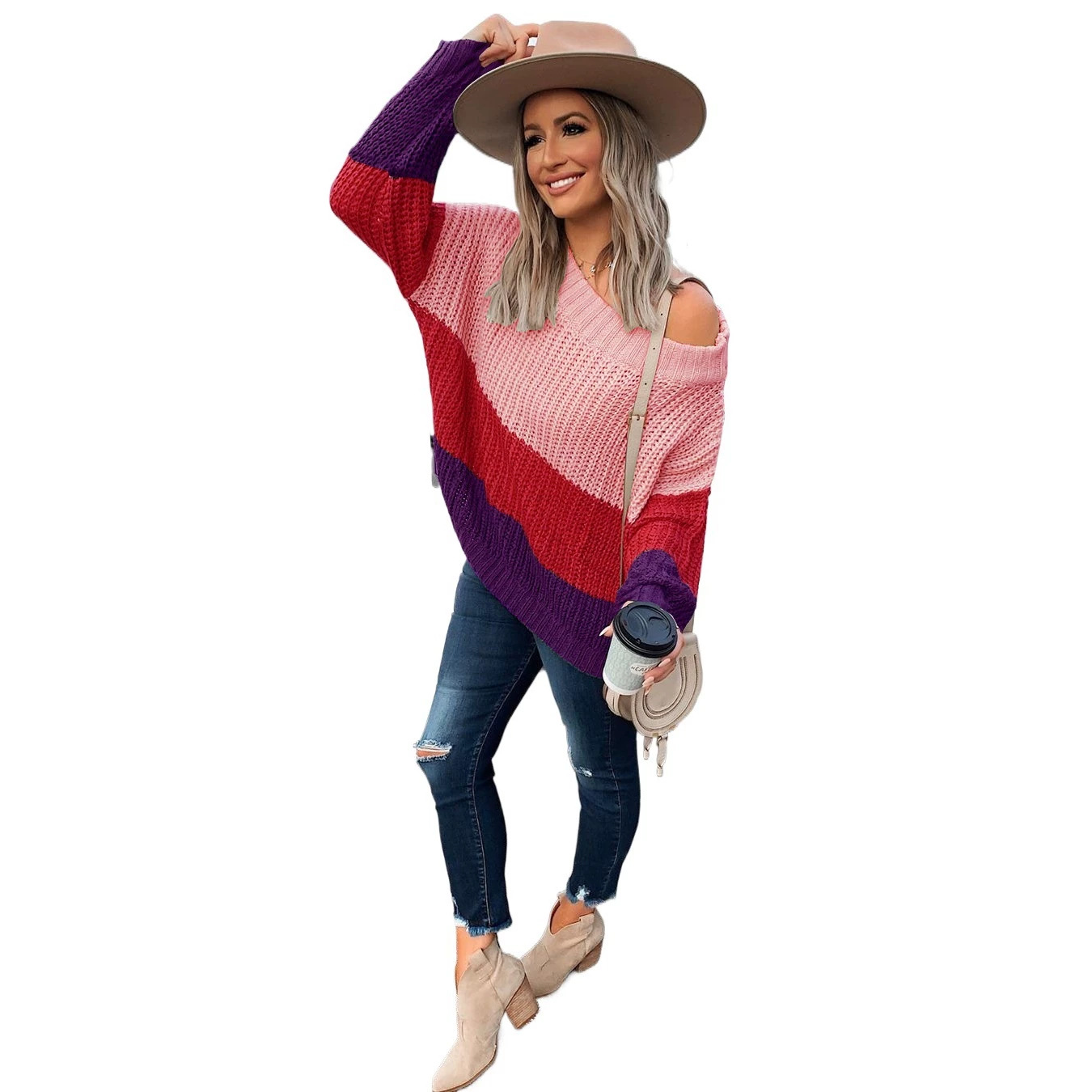Women's Off-Shoulder Ribbed Knit Sweater Long Sleeve