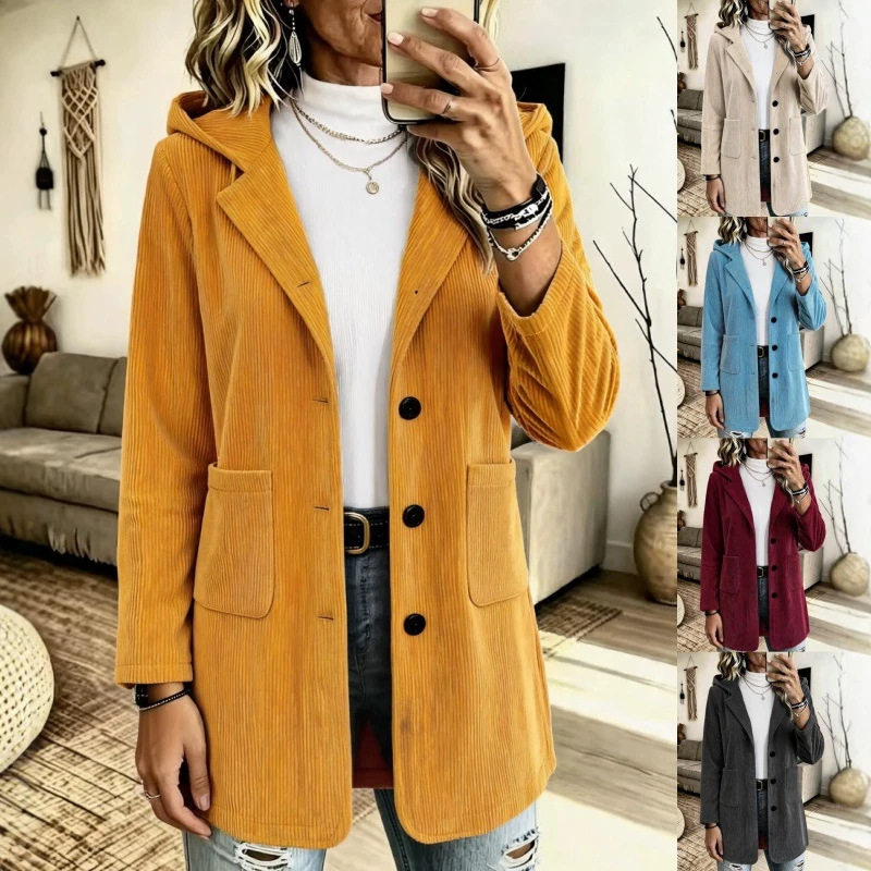 Women's Hooded Corduroy Mid-Length Loose Casual Jacket