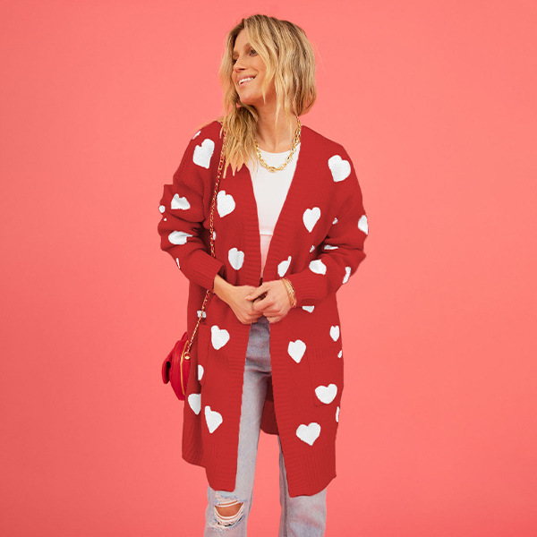 Heart Jacquard V-Neck Midi Cardigan Sweater Coat with Pockets