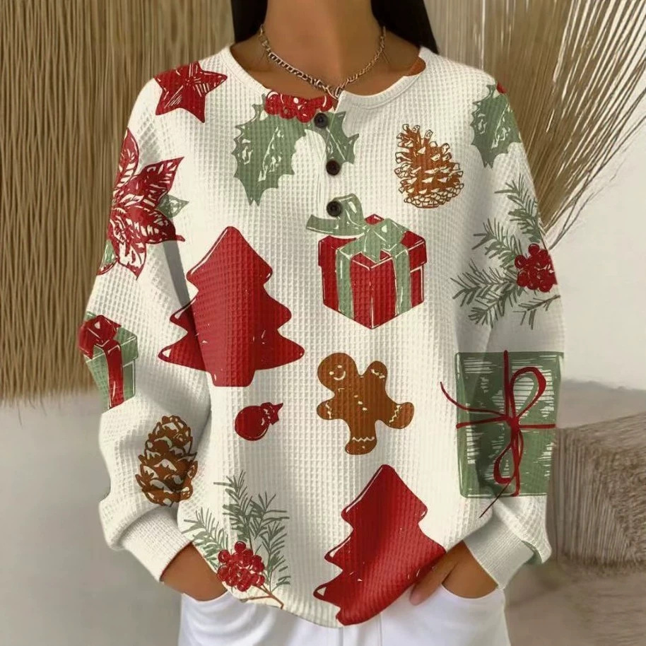 Women's Retro 3D Print Three-Button Stand Collar Polo Sweatshirt