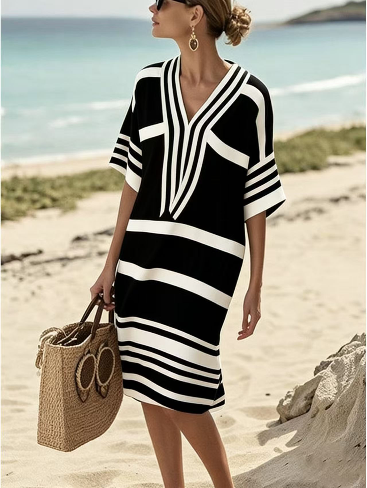 Women's Plaid Striped Solid Print Midi Dress