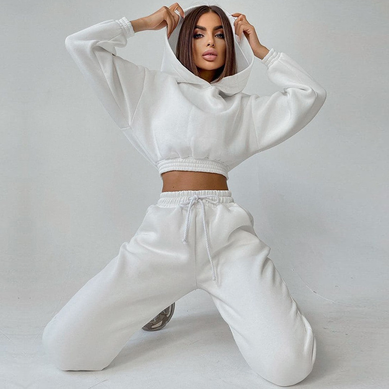 Women's Long Sleeve Hooded Crop Hoodie and Lace-Up Sweatpants Set