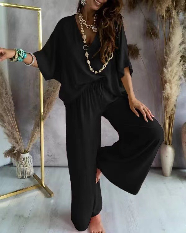 V-Neck Batwing Sleeve Wide-Leg Pants Set Women Casual Loose Two-Piece