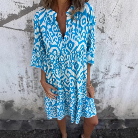 Women's V-Neck Floral Print Pleated Midi Dress with Four-Way Stretch