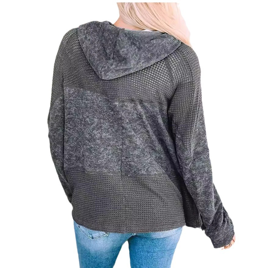 Color-Block Hooded Waffle Jacket with Drawstring