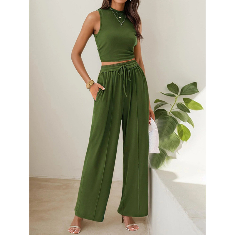 Women's Sleeveless Crop Top and Wide-Leg Pants Two-Piece Set