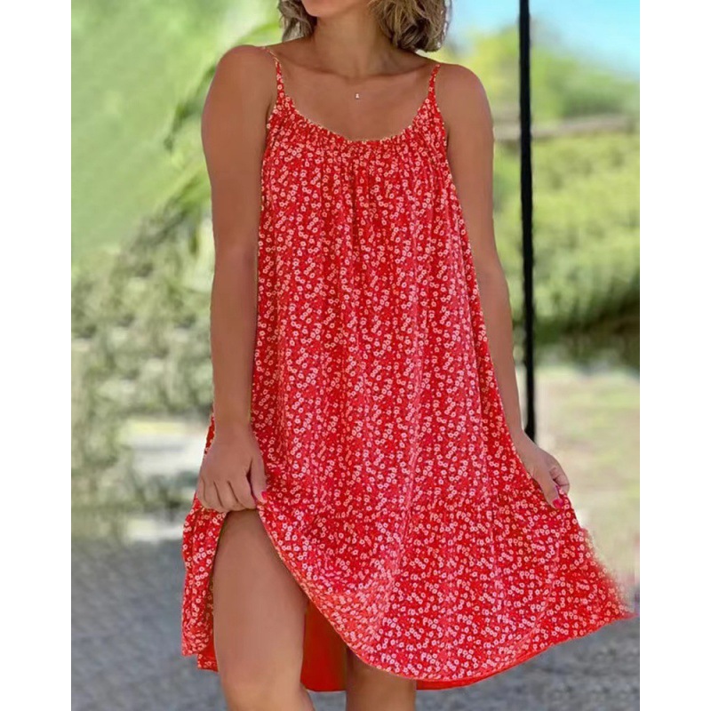 2023 New Amazon Independent Station Europe & US Cross-Border Hot-Selling Hem Pleated Floral Spaghetti Strap Loose Dress Women