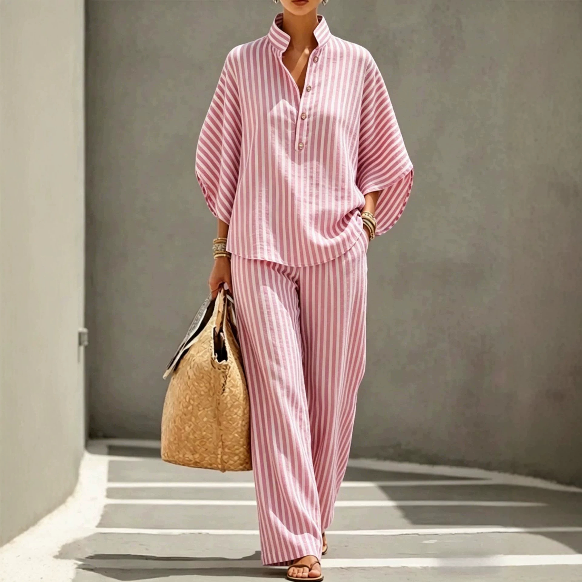 Women's Striped Shirt and Pants Set Casual Vacation Outfit
