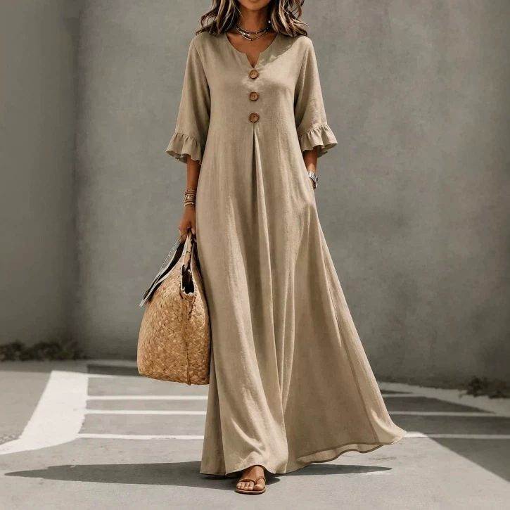 Women's V-Neck 3/4 Sleeve Cotton-Blend Long A-Line Dress