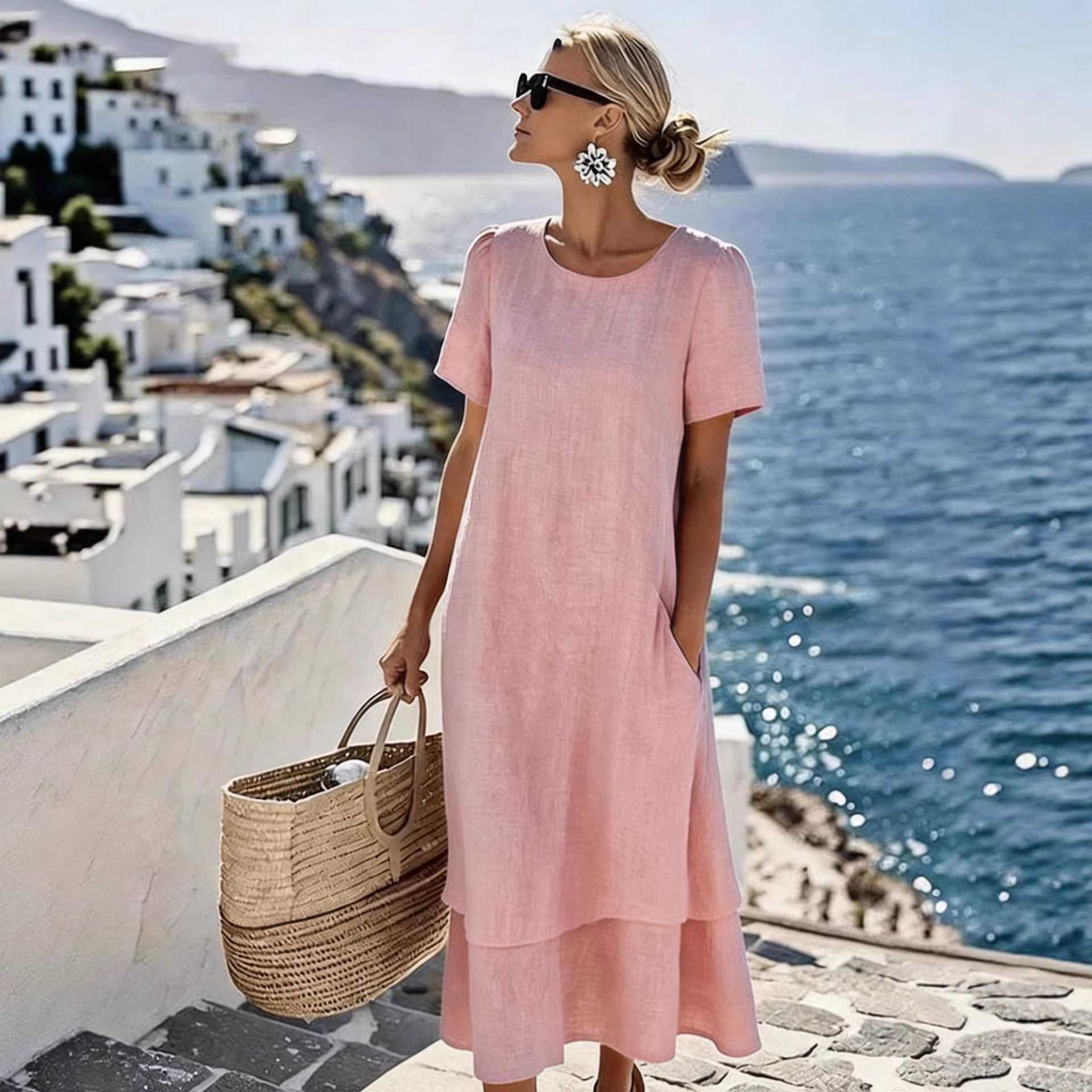 Women's Double-Layer Crew Neck Short Sleeve Midi Dress