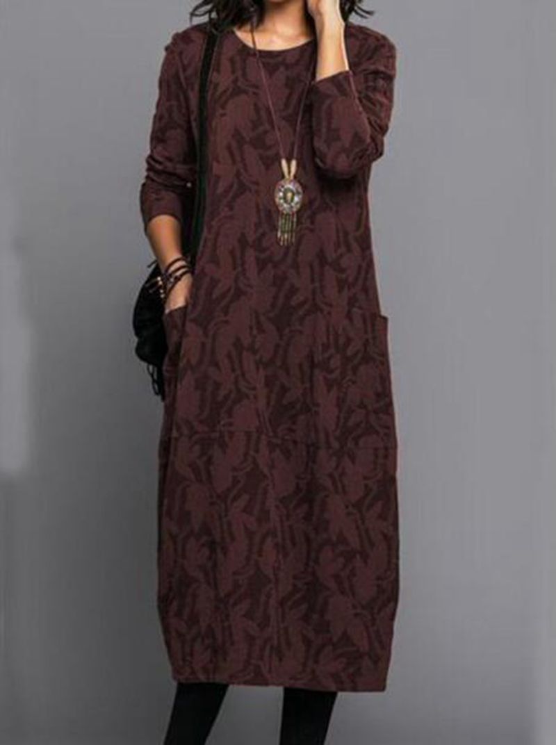 Women's Round Neck Long Sleeve Pocket Dress Casual Floral Print