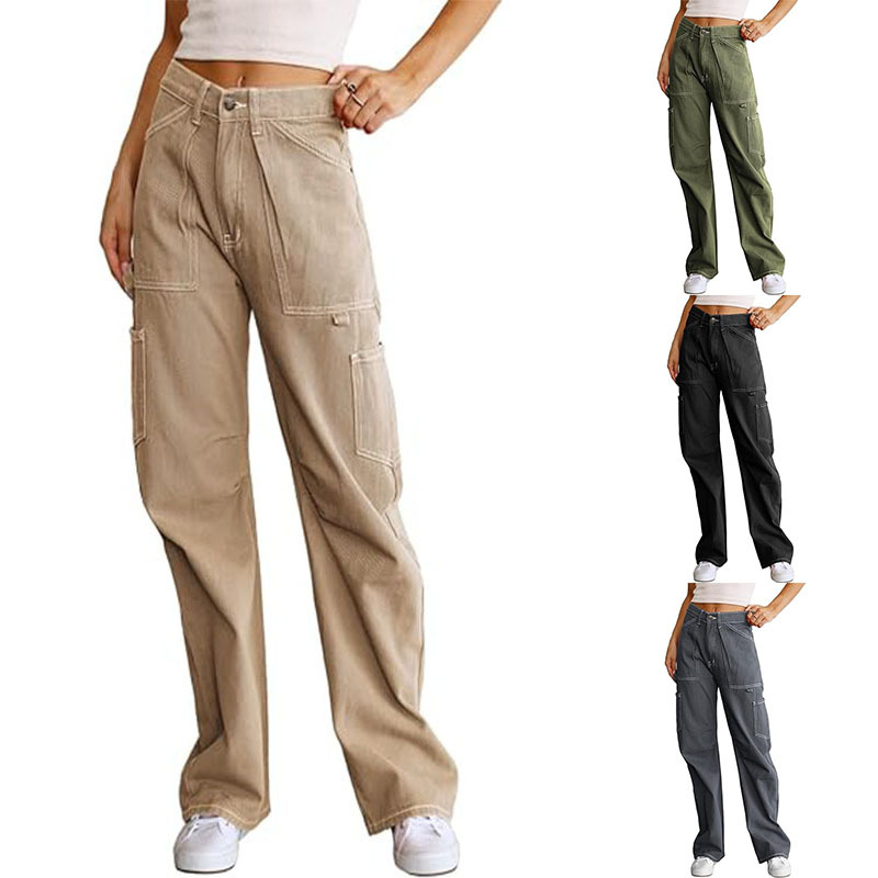Women's High-Waist Straight-Leg Cargo Pants with Six Pockets