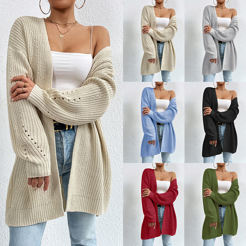 Women's Loose Mid-Length V-Neck Cardigan Sweater Coat Solid Knit