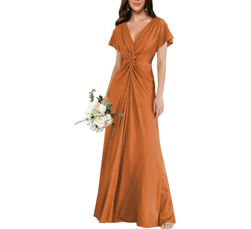 Satin Short Sleeve A-Line Dress V-Neck Midi Formal Party Bridesmaid