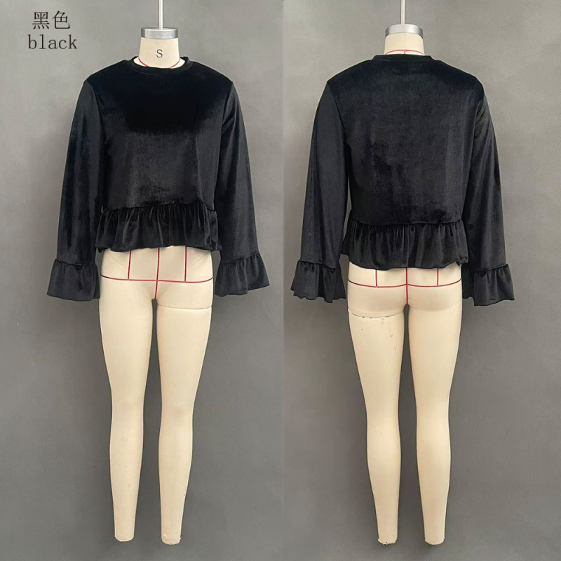 Women's Velvet Long-Sleeve Solid Round-Neck Ruffle Sweatshirt