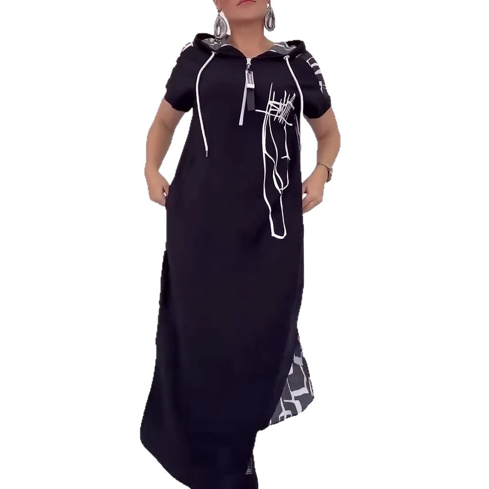 Women's Half-Zip Hooded Colorblock Loose Casual Dress