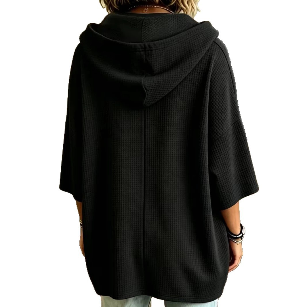 Women's Waffle Knit Hooded Drawstring Sweatshirt Loose Fit