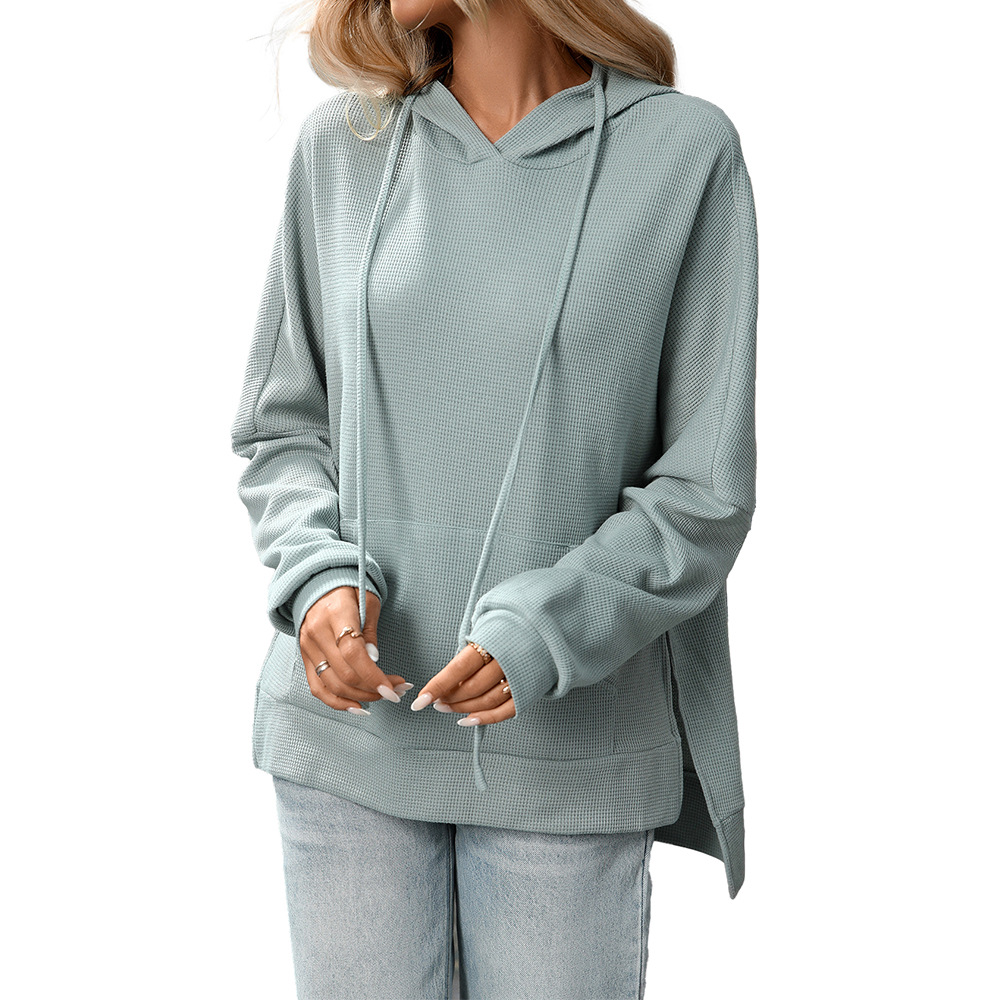 Waffle Knit Hooded Sweatshirt Women's Long Sleeve Pullover