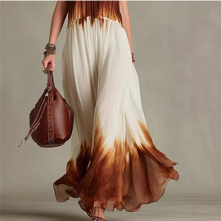 Retro Color-Block Ombre Silk Sleeveless Long Dress