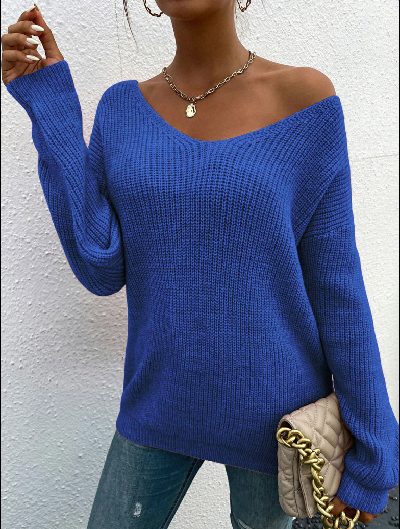 French Lace V-Neck Open-Back Long-Sleeve Sweater