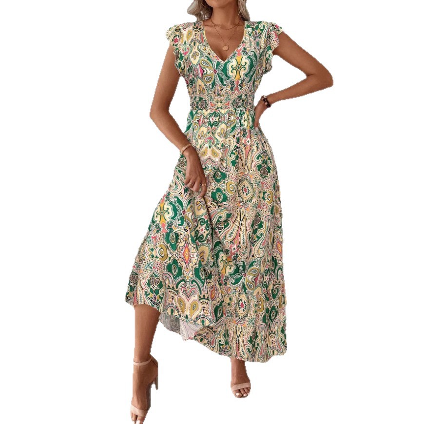 Floral Print V-Neck Ruffle Long Dress