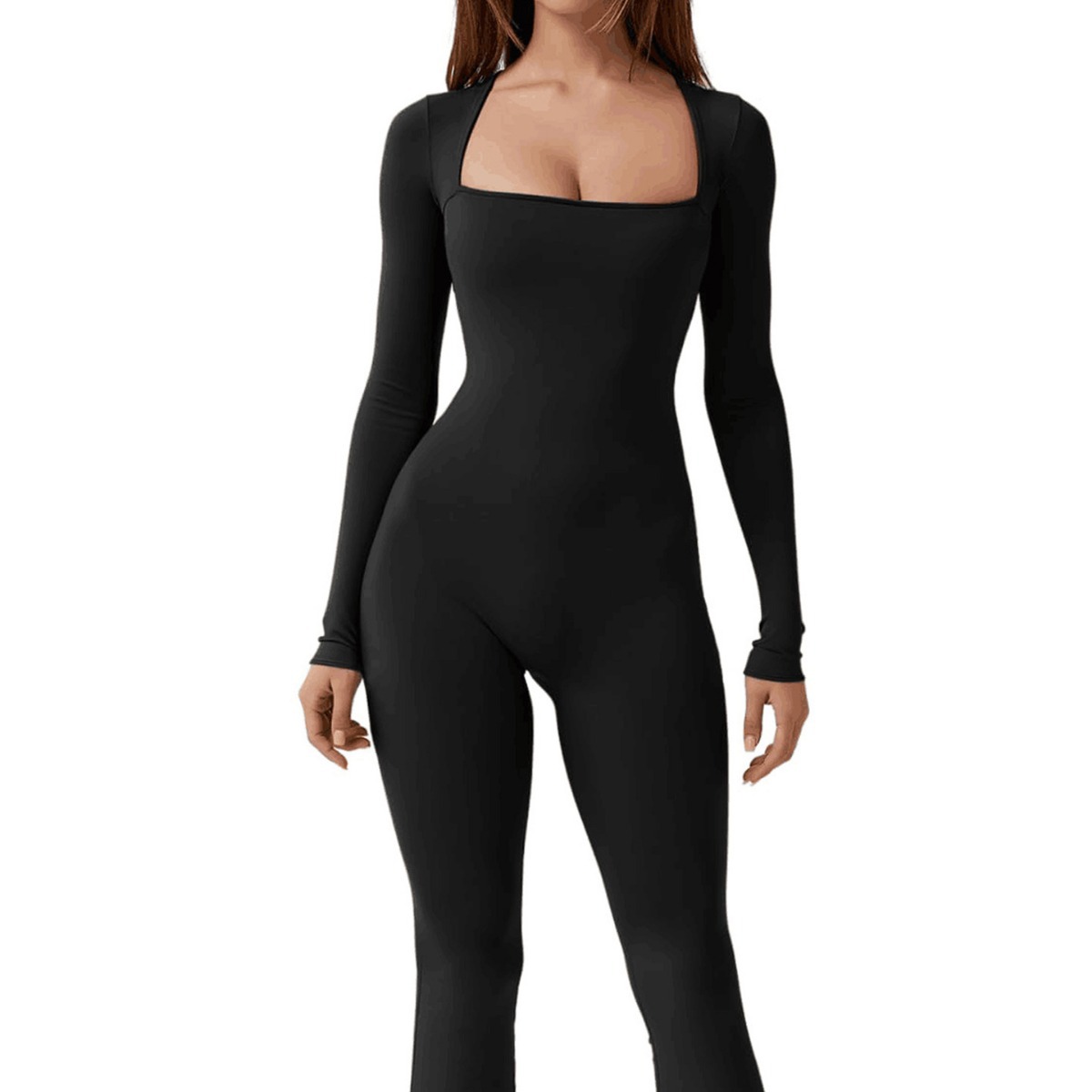 Women's Long Sleeve Square Neck Wide Leg Jumpsuit with Tummy Control and Butt Lifting